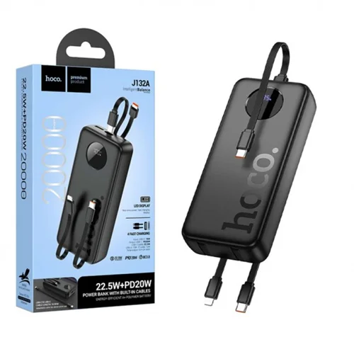 پاوربانک فست شارژ 20000 هوکو Hoco J132A 22.5W توان 22.5 وات با دو کابل متصل