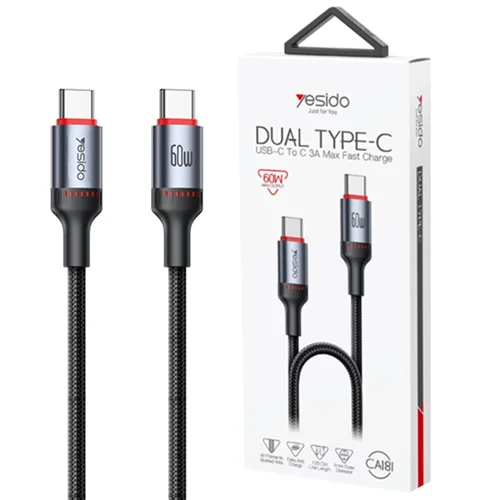 کابل تبدیل فست شارژ Yesido CA181 Type-C to Type-C PD 3A 60w 1.2m